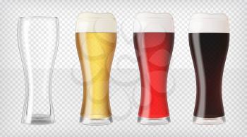 Realistic beer glasses and empty glass. Mugs filled with red, dark, blond beer with bubbles and foam. Graphic design element for brewery ad, beer garden poster, flyer. Transparent vector illustration