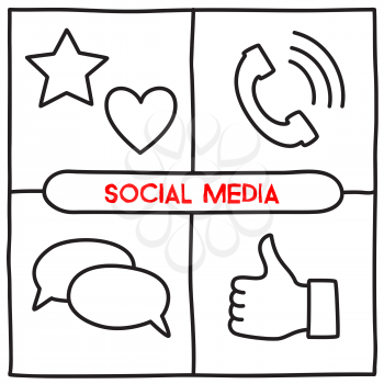 Doodle social media icons: star, heart, thumbs up, speech bubble, phone symbols. Concept of share with friends, like content, comment, follow favorite blogger. Line art style. Vector illustration