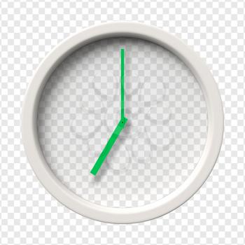 Realistic Wall Clock. Seven oclock am or pm. Transparent face. Green hands. Ready to apply. Graphic element for documents, templates, posters, flyers. Vector illustration
