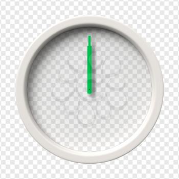 Realistic Wall Clock. Midnight. Midday. Twelve oclock. Transparent face. Green hands. Ready to apply. Graphic element for documents, templates, posters or flyers Vector illustration.