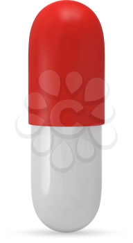 Red and white casule pill. Medical drug isolated on white background. Graphic design element for medication packaging, painkiller advertisement, pharmacy flyer or poster. Realistic vector illustration