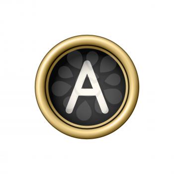 Letter A. Vintage golden typewriter button isolated on white background. Graphic design element for scrapbooking, sticker, web site, symbol, icon. Vector illustration.