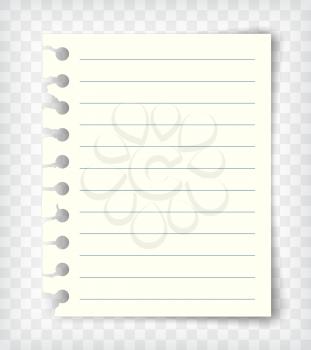 Blank lined note book page with torn edge. Notepaper mockup. Graphic design element for text, advertisement, doodle, sketch, scrapbooking. Paper piece with lines. Realistic vector illustration