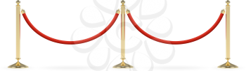 Barriers with red rope line. Red carpet event enterance gate. VIP zone, closed event restriction. Realistic image of golden poles with velvet rope. Isolated on white background. Vector illustration.