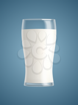 Milk in a glass blue background. Healthy diet. Clean eating. Tall beverage glass. Breakfast, protein rich dairy product. graphic design element. Transparent realistic vector illustration.