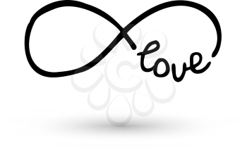 Infinity symbol with word love. Icon hand drawn with ink brush. Modern doodle outline. Endless love, wedding, engagement concept. Graphic design element invitation, card, tattoo. Vector illustration