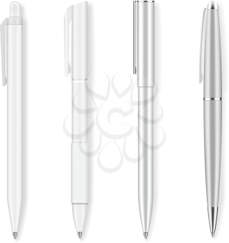 Set of four realistic writing pens. Grey and white, plastic and metallic ballpans. Detailed graphic design element. Office supply, school stationery. Isolated on white background. Vector illustration
