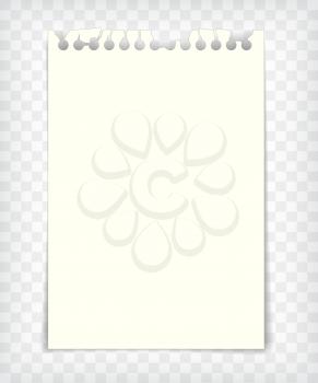 Empty notebook page with torn edge. Blank paper pulled out of sketchbook. Notepaper mock up. Graphic design element for text, advertisement, doodle, sketch, scrapbooking. Realistic vector illustration