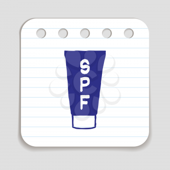 Doodle sunscreen lotion bottle icon. Blue pen hand drawn infographic symbol on a notepaper piece. Line art style graphic design element. Web button with shadow. SPF protection factor concept.