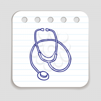 Doodle stethoscope icon. Blue pen hand drawn infographic symbol on notepaper. Line art style graphic design element. Web button with shadow. Cardiology, heart health concept. Vector illustration
