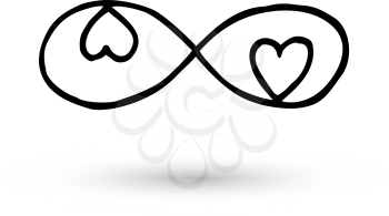 Infinity symbol with hearts. Icon hand drawn with ink brush. Modern doodle with outline. Endless love, wedding, engagement concept. Graphic design element invitation, card, tattoo. Vector illustration