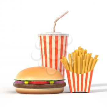 Fast food set on yellow background with shadow. Hamburger, french fries and cola in generic package with stripes. Graphic design element for restaurant advertisement, menu or poster. 3D illustration