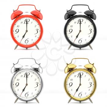 Set of 4 alarm clocks isolated on white background. Vintage style red, black, silver, golden clock. Graphic design element for flyer, poster, sale. Deadline, wake up, happy hour concept. 3D illustration