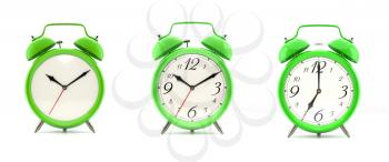 Set of 3 alarm clocks isolated on white background. Vintage style green clock with clean face, numbers and ringing clock. Graphic design element. Deadline, wake up, happy hour concept. 3D illustration