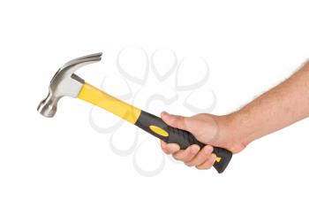 Hand with hammer isolated on white. House repair and renovation, industrial equipment, woodwork and carpentry.