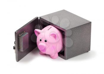 Blue ceramic piggy bank in a safe, isolated on white background. Keeping money in a safe or a bank, or in a piggy bank, economy, financials investments, savings for buying a house, a car, for retirement concept.