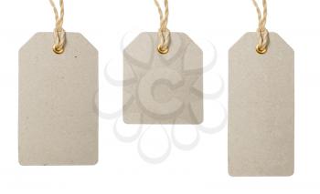 Price tags on strings set. Isolated on white background. Blank sale or price tag made of cardboard. Graphic design element for catalogue, webshop,