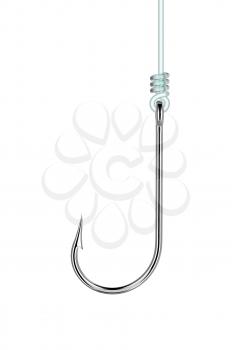 Fishing hook hanging on a line isolated on white background, side view with place for text. Vector illustration.