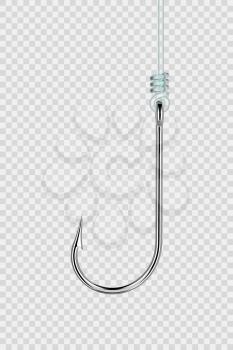Fishing hook hanging on a line isolated on transparent background, side view with place for text. Vector illustration.