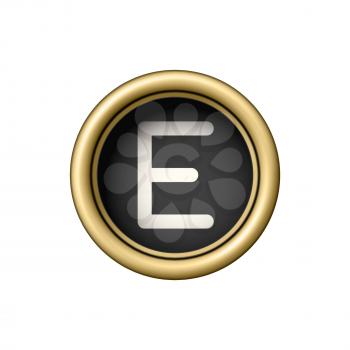 Letter E. Vintage golden typewriter button isolated on white background. Graphic design element for scrapbooking, sticker, web site, symbol, icon. Vector illustration.
