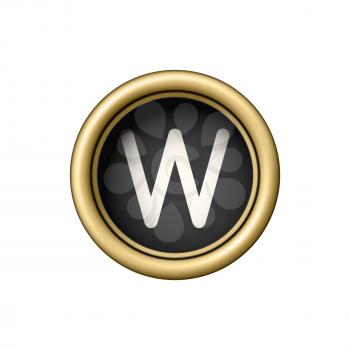 Letter W. Vintage golden typewriter button isolated on white background. Graphic design element for scrapbooking, sticker, web site, symbol, icon. Vector illustration.
