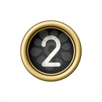 Number 2. Vintage golden typewriter button isolated on white background. Graphic design element for scrapbooking, sticker, web site, symbol, icon. Vector illustration.