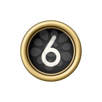 Number 6. Vintage golden typewriter button isolated on white background. Graphic design element for scrapbooking, sticker, web site, symbol, icon. Vector illustration.