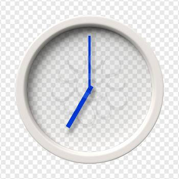 Realistic Wall Clock. Seven oclock am or pm. Transparent face. Blue hands. Ready to apply. Graphic element for documents, templates, posters, flyers. Vector illustration.