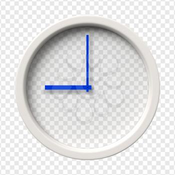 Realistic Wall Clock. Nine oclock am or pm. Transparent face. Blue hands. Ready to apply. Graphic element for documents, templates, posters, flyers. Vector illustration.