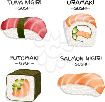Set of four realistic sushi isolated on white background. Vector illustration