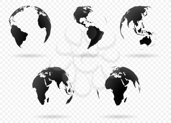 Set of Earth globe icon in different views. Highly detailed images of continents with transparent parts. Vector illustration