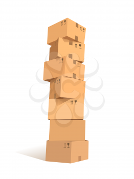 Cardboard boxes stacks. Stacked set of packages with symbols. Graphic design element for flyer, poster, mail service, worldwide service advertisement. Isolated on white background. Vector illustration
