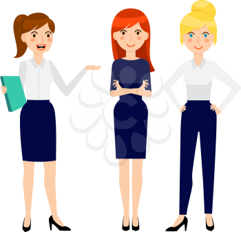 Set of three different smiling young business woman, wearing dress code clothes, isolated on white background. Vector illustration
