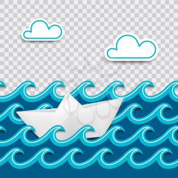 Nautical card made of paper cut out with waves and clouds and a boat in origami style with place for design and transparent shadows. Vector illustration.