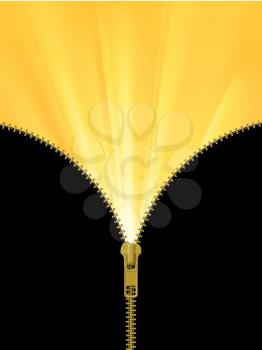 Zipper lock half open, revealing yellow sun rays, discovery concept, with blank black space. Realistic vector illustration