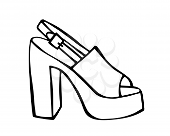 Doodle summer sandals with platform and heel hand drawn in line art style with ink brush. Vector illustration isolated on white background