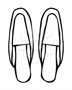 Doodle mules or home slippers shoes hand drawn in line art style with ink brush. Vector illustration isolated on white background