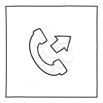 Doodle telephone outgoing call icon or logo, hand drawn with thin black line. Isolated on white background. Vector illustration