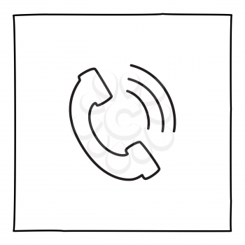 Doodle telephone call icon or logo, hand drawn with thin black line. Isolated on white background. Vector illustration