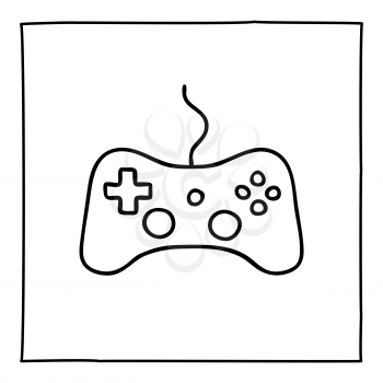 Doodle video game controller icon or logo, hand drawn with thin black line. Isolated on white background. Vector illustration