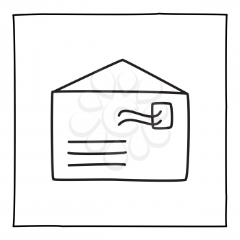 Doodle letter envelope icon or logo, hand drawn with thin black line. Isolated on white background. Vector illustration