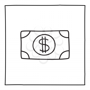Doodle dollar bill icon or logo, hand drawn with thin black line. Isolated on white background. Vector illustration
