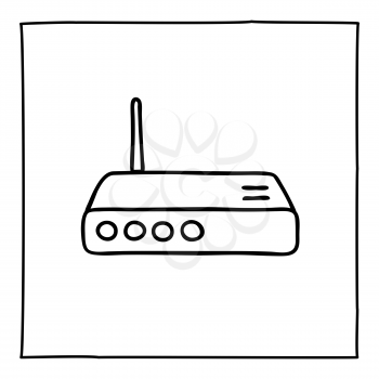 Doodle modem router icon or logo, hand drawn with thin black line. Isolated on white background. Vector illustration