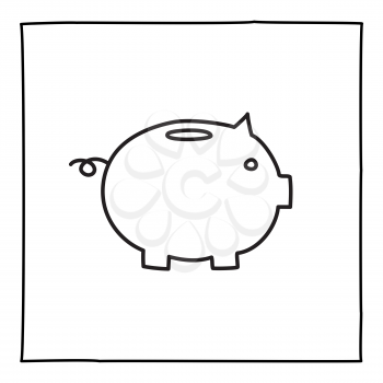 Doodle piggy bank icon or logo, hand drawn with thin black line. Isolated on white background. Vector illustration