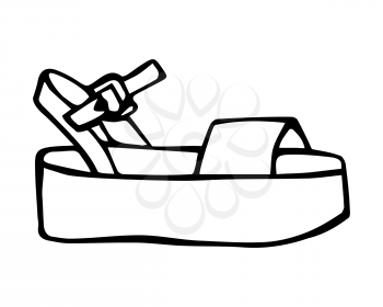 Doodle summer sandals with platform hand drawn in line art style with ink brush. Vector illustration isolated on white background
