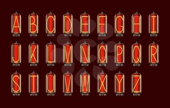 Retro-styled Alphabet set on pixie tube indicator lamps with letters A to Z lit up, includes transparency. Vector illustration.