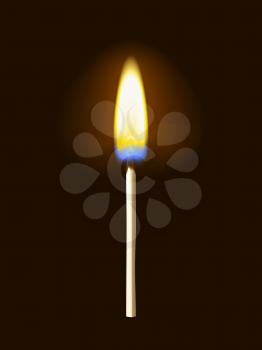 Realistic burning matchstick flame with transparency, isolated on black background. Vector illustration