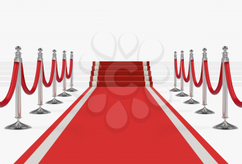 Red carpet with stairs, podium, red ropes and silver stanchions. Vector illustration isolated on white background