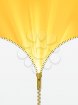 Zipper lock half open, revealing yellow sun rays, discovery concept, with blank white space. Realistic vector illustration