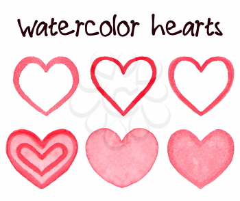 Watercolor hearts banner hand painted with water color ink. Vector illustration isolated on white background